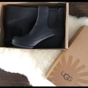UGG Arleta Black Leather Waterproof Wedge Ankle Boots